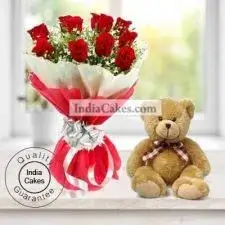 12 Red Roses Bunch And Cute 6 Inch Teddy
