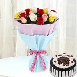Black Forest Cake Half Kgs with 6 Mix Roses Bunch