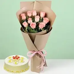 Butterscotch Cake Half Kgs with 6 Pink Roses Bunch
