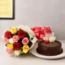 Flavorous Chocolate Truffle Cake Half Kgs with 6 Mix Roses Bunch
