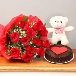 Half Kg Rich Chocolate Cake with 6 Red Roses Bunch and 6 Inch Teddy Bear