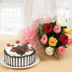 Rich Black Forest Cake Half Kgs with 6 Mix Roses Bunch