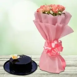 Chocolate Truffle Cake Half Kgs with 6 Pink Roses Bunch
