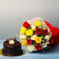 Divine Chocolate Truffle Cake Half Kgs with 6 Mix Roses Bunch