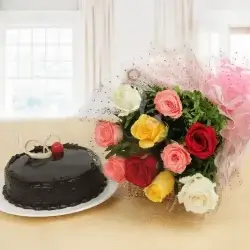 Fantasy Chocolate Truffle Cake Half Kgs with 6 Mix Roses Bunch