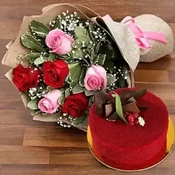 Red Velvet Cake Half Kgs with 6 Mix Roses Bunch