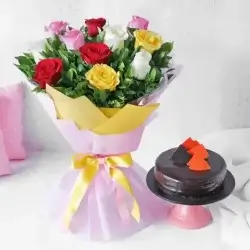 Rich Chocolate Cake Half Kgs with 6 Mix Roses Bunch