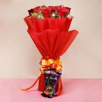 10 Charming Red Roses with 2 Silk Chocolates