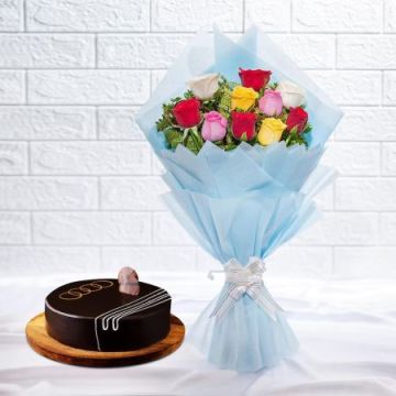 10 Mix Roses Bouquet with Half Kg Chocolate Cake Combo