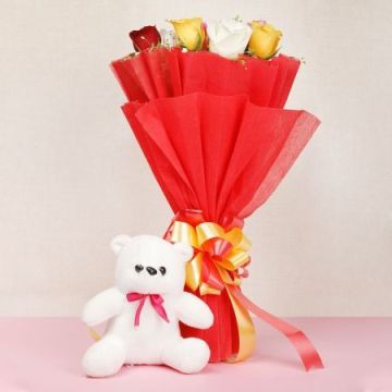 10 Mixed Roses with Teddy