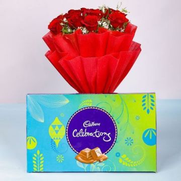 10 Red Roses With a Cadbury Celebration Pack