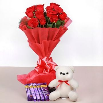 10 Red Roses with a Teddy and 5 Dairy Milk Chocolates