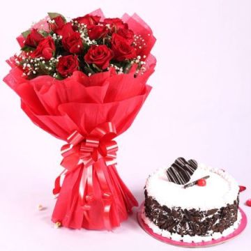 10 Romantic Red Roses with Half Kg Black Forest Cake