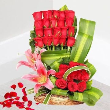 30 Red Roses with 2 Pink Lilies