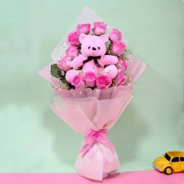 6 Pink Roses Bouquet with a Teddy Bear