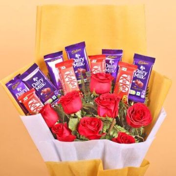 6 Red Roses and 6 Dairy Milk Chocolates with 4 Kitkat