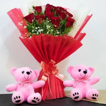 6 Red Roses Bouquet Arrangement with 2 Teddy