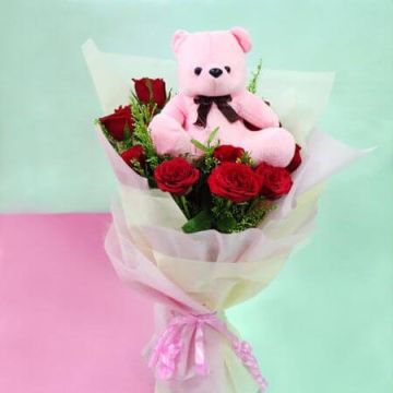 6 Red Roses Bouquet Arrangement with a Teddy