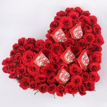 75 Red Roses Heart Shape arrangement with 5 Kitkat