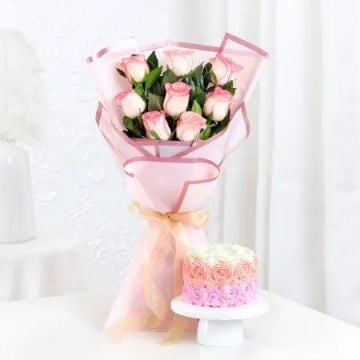 8 Pink Roses Bouquet With Choco Chip Truffle Mini Cake