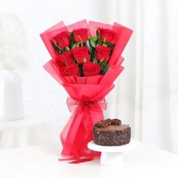 8 Red Roses Bouquet With Choco Chip Truffle Mini Cake