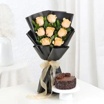 8 Roses Bouquet With Choco Chip Truffle Mini Cake