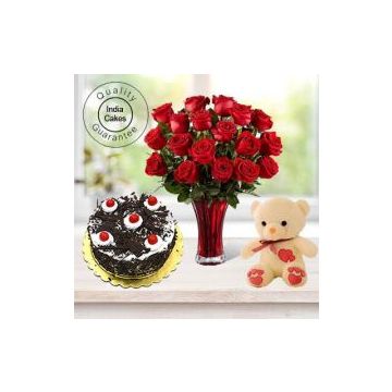 Black Forest Cake Half Kg with 6 Red Roses Bunch and a Teddy Bear