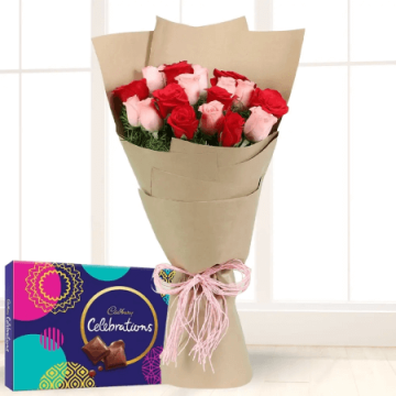 Bunch of 20 Red n Pink Roses with Cadbury Celebration
