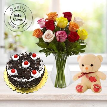 Half Kg Eggless Black Forest Cake-6 Mix Roses Bunch-Teddy Bear