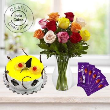 Half Kg Pineapple Cake-6 Mix Roses Bunch-5 Chocolates