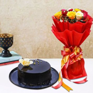 Dazzling 8 Mixed Roses Bouquet with Yummy Chocolate Truffle Cake