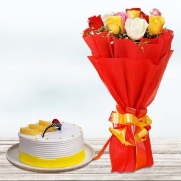 Delicious Pineapple Cake with 10 Mix Roses Bouquet