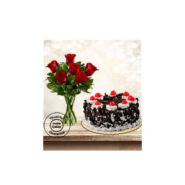Eggless Black Forest Cake Half Kg with 6 Red Roses Bunch