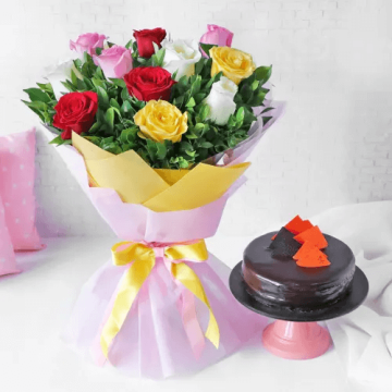 Eggless Rich Chocolate Cake Half Kgs with 6 Mix Roses Bunch