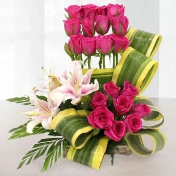 Fine Basket of Lilies and Roses