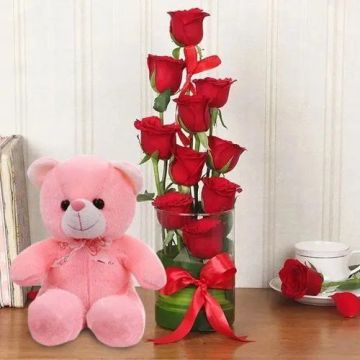 Graceful 10 Red Roses with a Cute Teddy