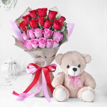 Magnificent 10 Red and 10 Pink Roses with Teddy Bear