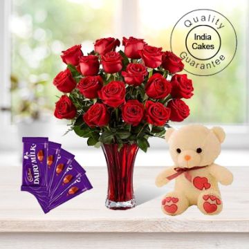 12 Red Roses And Teddy Bear With 5 Assorted Chocolates