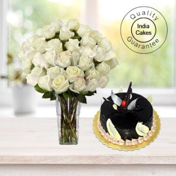 1 KG CHOCOLATE CAKE WITH 36 WHITE ROSES BUNCH