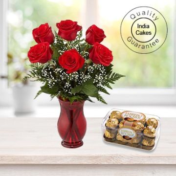 6 Red Roses Bunch and 16 Pcs Ferrero Rocher Chocolates
