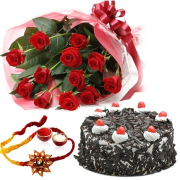 10 Red Roses Bunch Half Kg Pineapple Cake Teddy Bear Rakhi