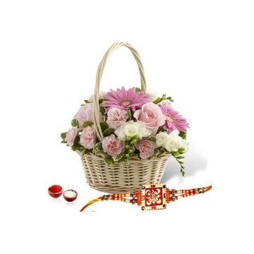 18 White And Pink Flowers In Basket With Rakhi