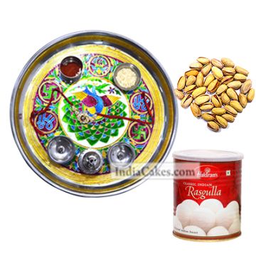 Golden Thali With Green Design And Rasgulla And Pista
