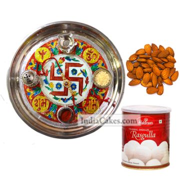 Golden Thali With Red Design And Rasgulla And Almond