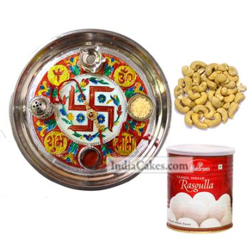 Golden Thali With Red Design And Rasgulla And Cashew