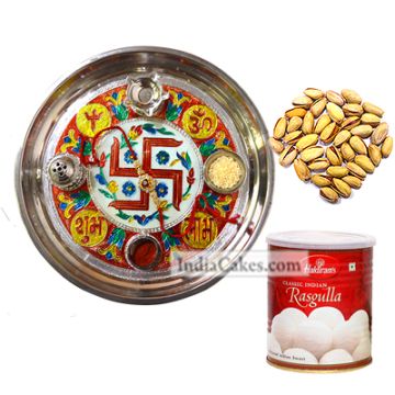 Golden Thali With Red Design And Rasgulla And Pista