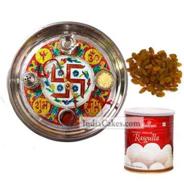 Golden Thali With Red Design And Rasgulla And Raisins