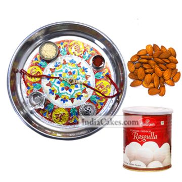 Silver Thali With Design And Rasgulla And Almond