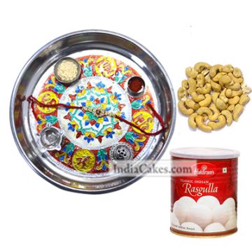 Silver Thali With Design And Rasgulla And Cashew