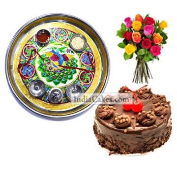 Golden Thali With Green Design And Half Kg Eggless Chocolate Truffle Cake And 10 Mix Roses Bunch